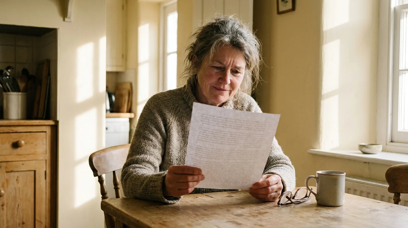 Woman carefully reviewing a printed document before making a caregiving decision
