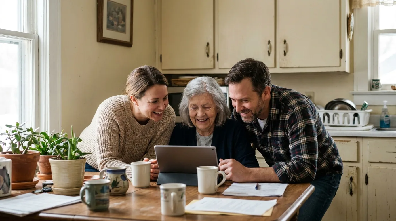 Adult siblings and their mother looking at a tablet together at the kitchen table