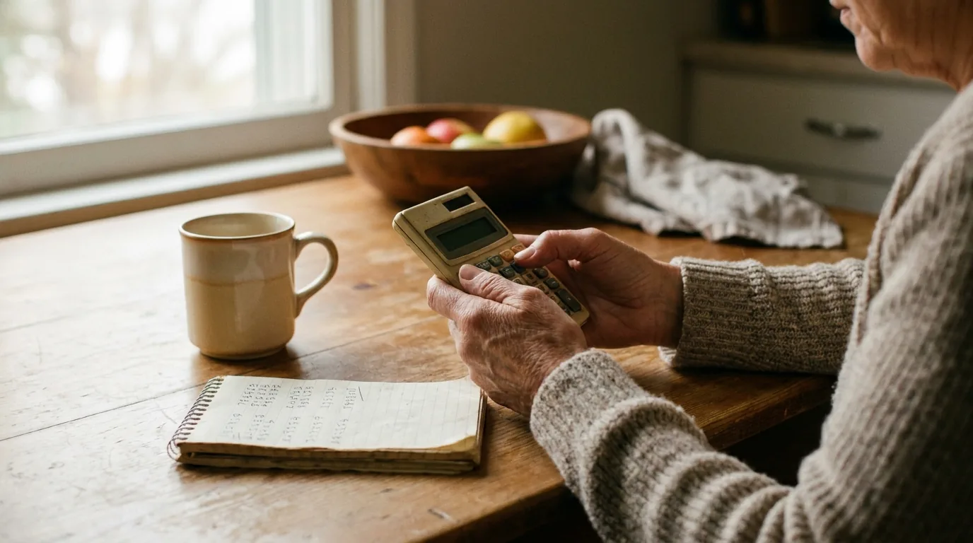Close-up of hands using a calculator to work out caregiver pay at a kitchen table