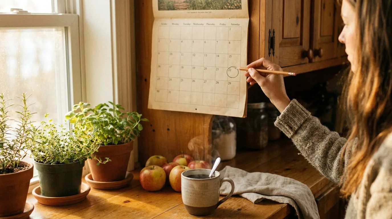 Wall calendar and a cup of tea on a kitchen counter, marking a return-home date