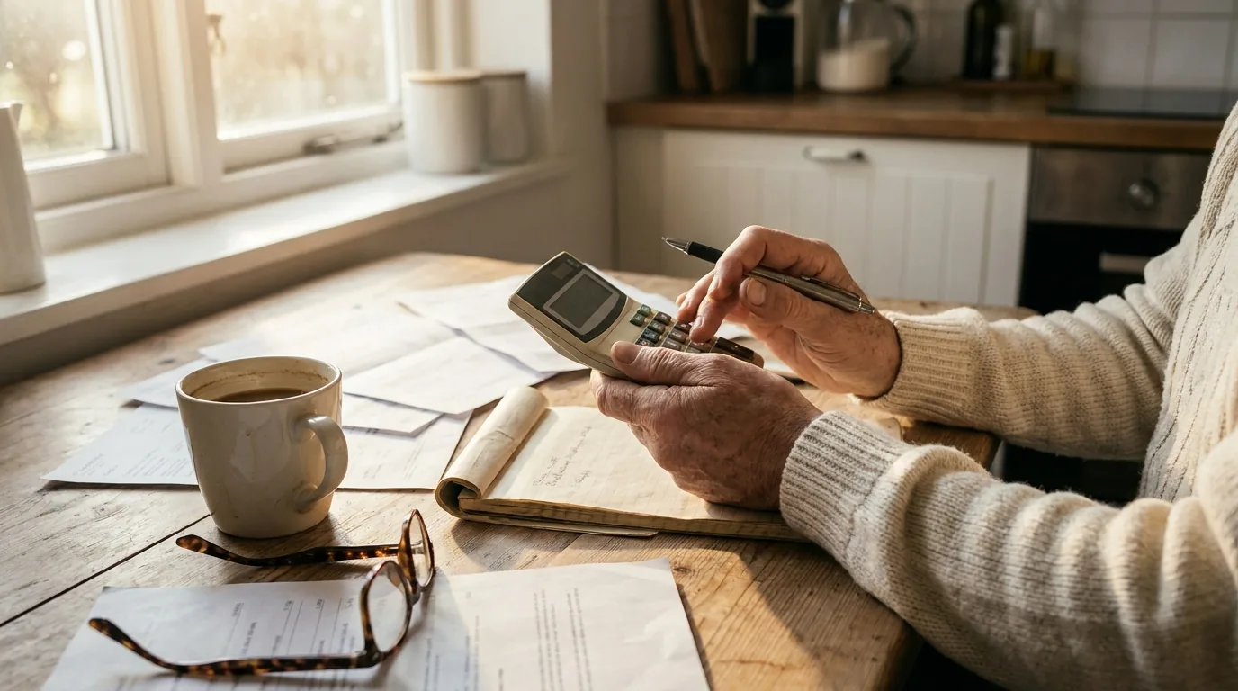 Hands holding a calculator and pen over a notepad on a kitchen table
