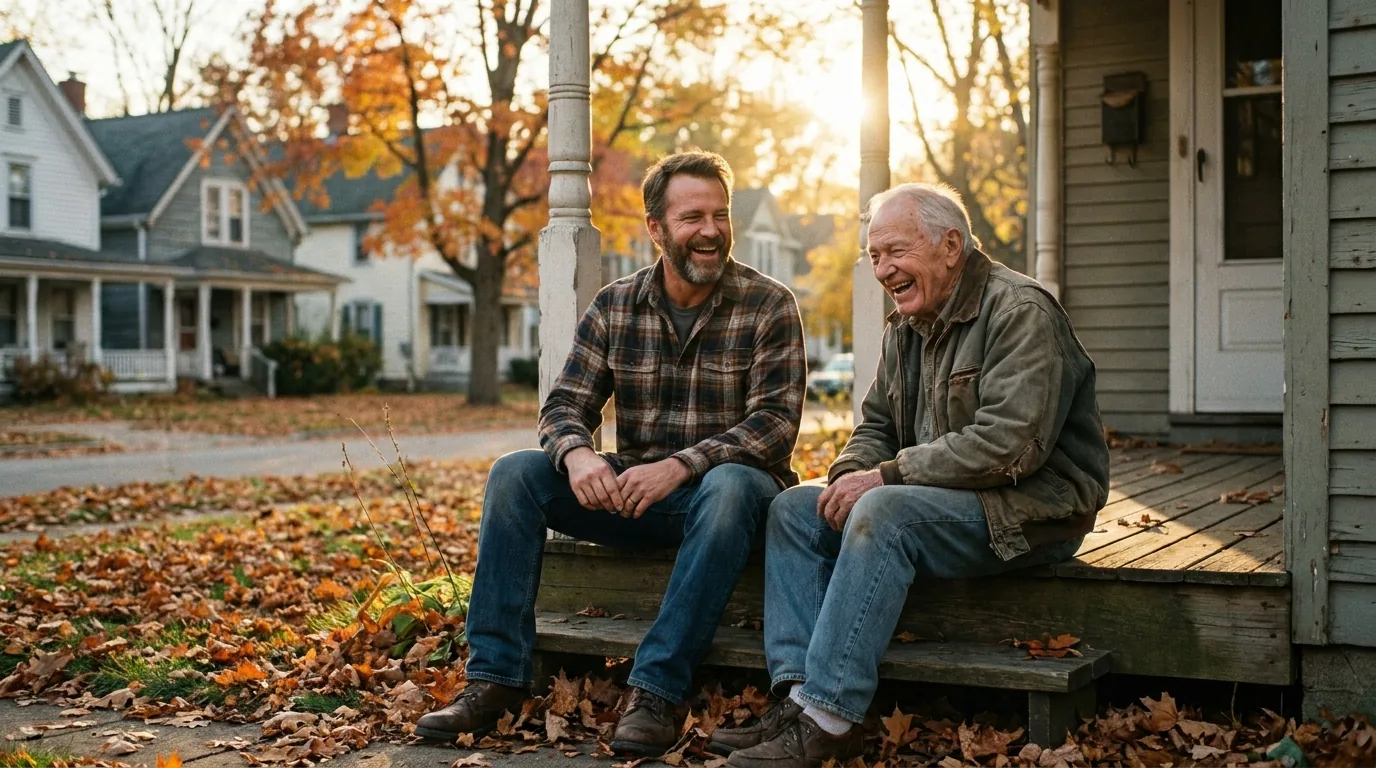 Adult son and his elderly father laughing together on a porch