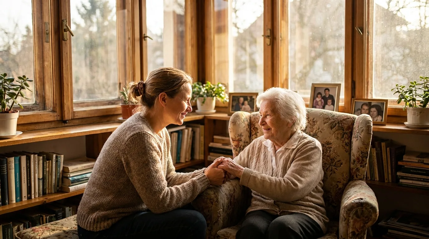 Adult daughter helping her elderly mother at home in Michigan