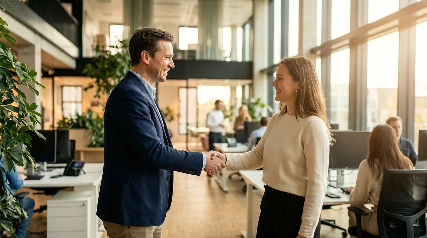 Two professionals shaking hands, discussing a partnership