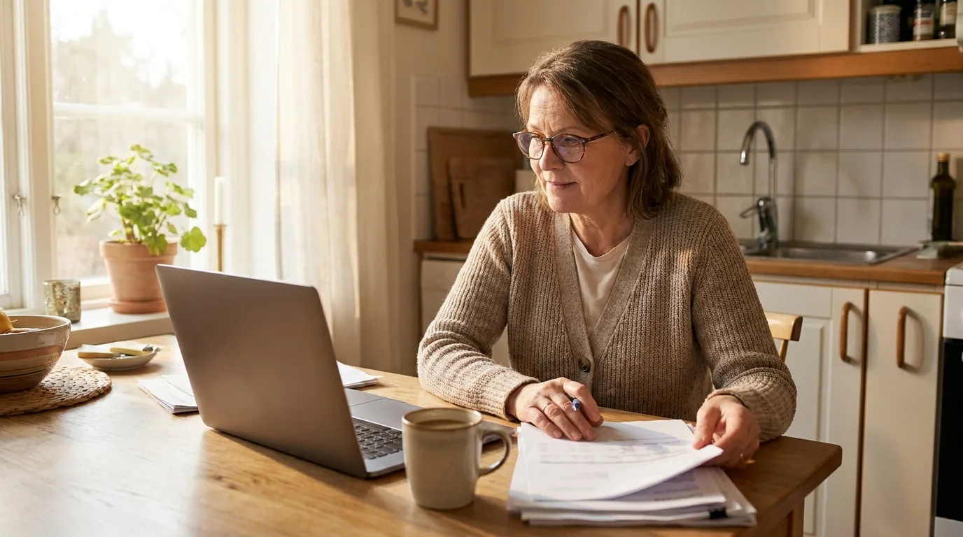 Caregiver reviewing a pay stub and calendar at the kitchen table