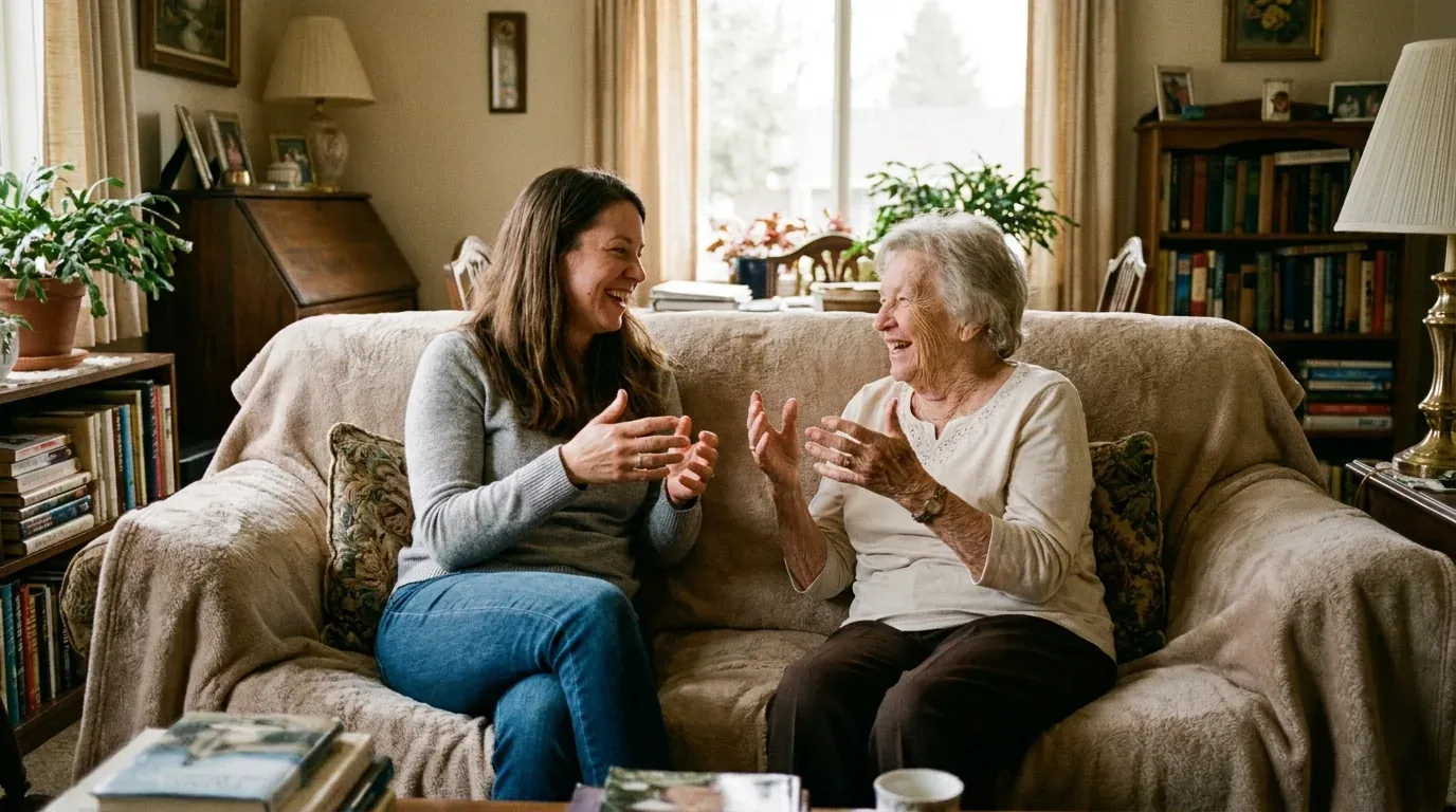 Adult daughter and her mother smiling together at home, representing self-directed care