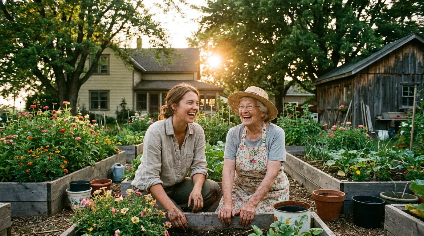 Young adult granddaughter helping her grandmother in the backyard garden