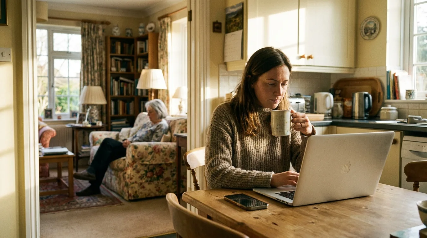 Woman completing Home Help enrollment paperwork on a laptop with her mother nearby